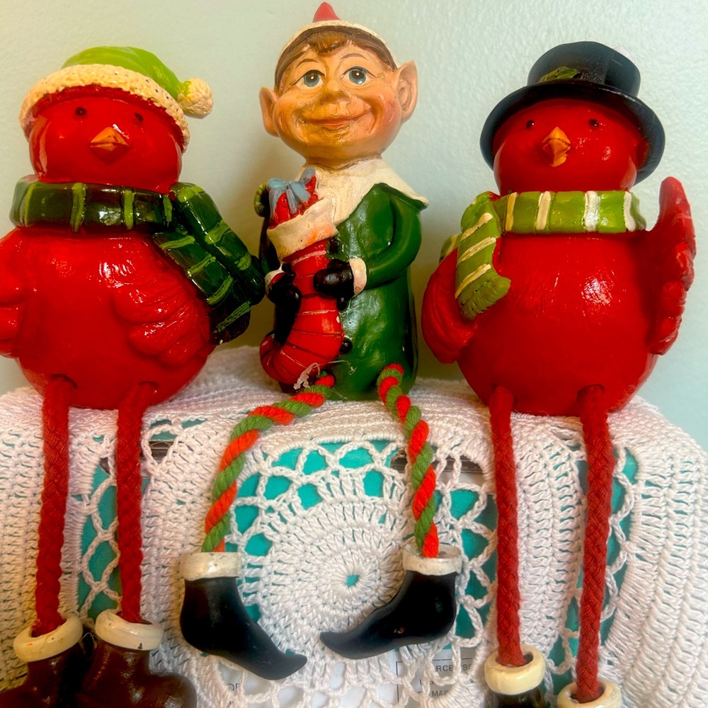 CBOCS Christmas Home Decor Red Birds and Elf Shelf Danglers. Set of 3